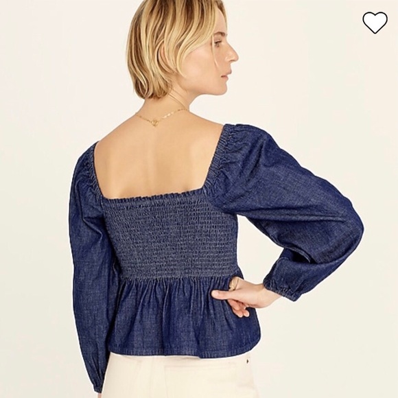 NWT J. Crew Puff Sleeved Chambray Smocked Top in Birch Wash - Picture 3 of 7